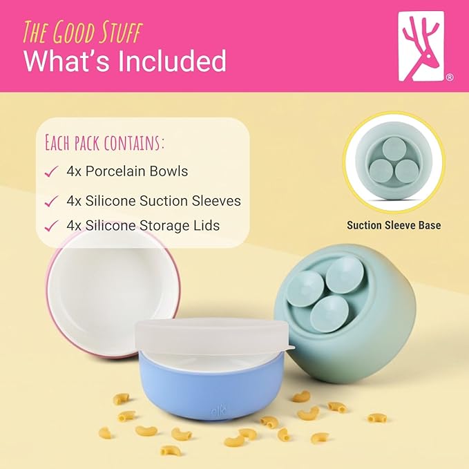 Elk and Friends Kids Porcelain Bowls with Silicone Suction Sleeves | Lids Included | Suitable for Babies/Toddlers | Microwave & Dishwasher Safe | Stay Put Dinnerware | Snack Dishes | 4 Pack