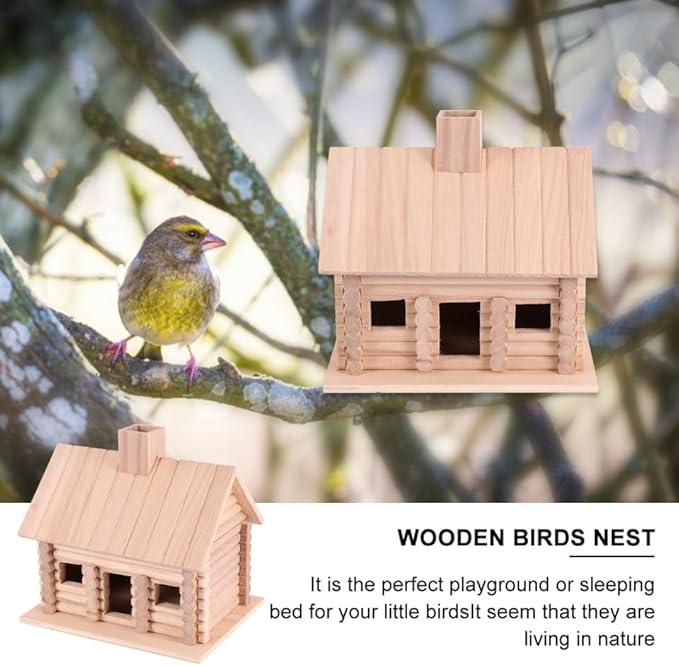 EXCEART Wooden Birdhouse 7.87X7.87X5.90 Inch Log Cabin Style Bird Nest for Small Birds Outdoor Garden Decoration Backyard Nesting Box
