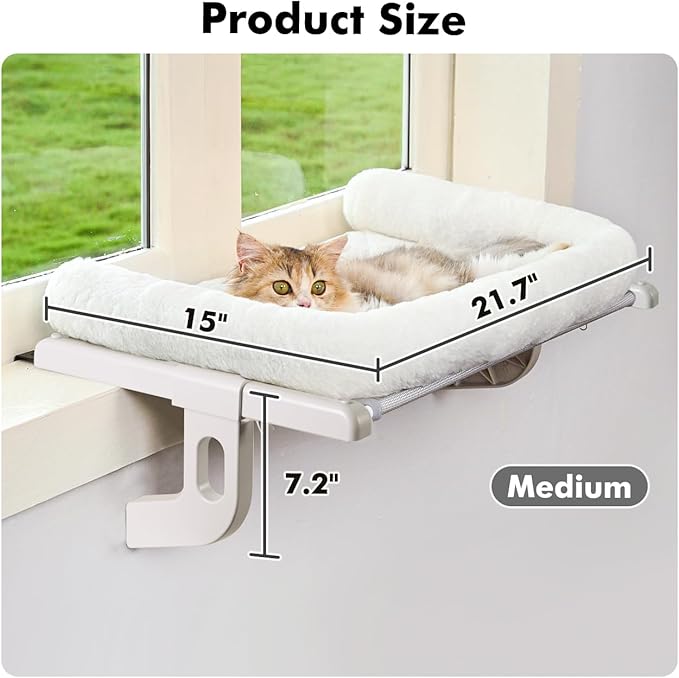 Zoratoo Cat Window Sill Perch with Large Bolster, Easy to Adjust & Assemble Cat Window Seat for Windowsill & Bedside, Pet Hammock Bed for Large Cats and Kittens (White, M)