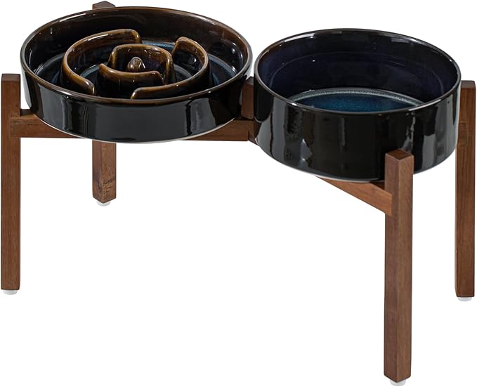 Havniva Elevated Slow Feeder Dog Bowls, 1.6 Cups/8.2 inch Slow Feeders + 7.3 inch Ceramic Dog Food & Water Bowls Set with Acacia Wood Stand Puzzle Bowls for Fast Eater, Medium Dogs Anti-Choking