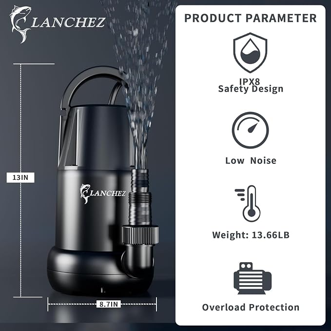 LANCHEZ Sump Pump 1 HP 4700 GPH Submersible Water Pump Thermoplastic Portable Utility Pump High Flow Water Removal for Swimming Pool Garden Pond Basement Window Wells with 25FT Long Power Cord
