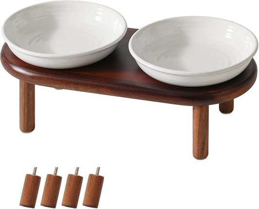 Havniva Elevated Cat Bowls Raised Ceramic Cat Bowl, 5.7” Wide Opening Cat Food Bowl Whisker Friendly Cat Dish Anti-Slip with Wood Stand, Shallow Pet Food & Water Bowl for Indoor Cats