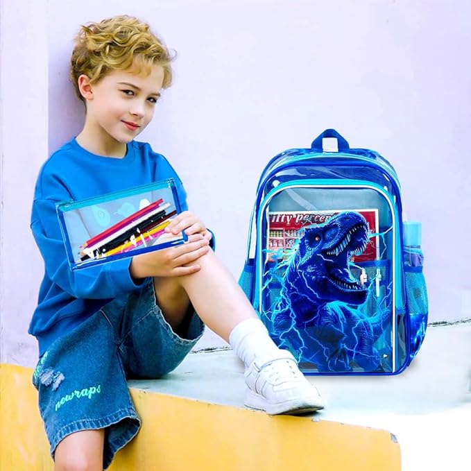 KLFVB 3PCS Clear Backpack for Girls and Boys, Kids See Through Backpacks Stadium Approved, Transparent Bookbag for Elementary