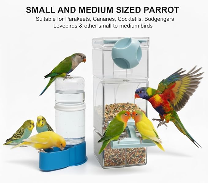 Automatic No Mess Bird Cage Feeder and Water Dispenser Set for Parakeet Cockatiel Parrot Lovebird, 2 in 1 Cage Hanging Food Bowl for Small Birds, No Spill Bird Feeder Container
