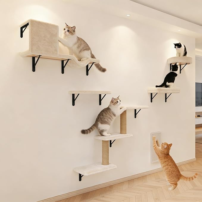 Cat Wall Shelves, 10-Piece Complete Cat Wall Furniture System with Perches and Scratching Posts, Stable Floating Climbing Set for Large Indoor Cats, Space Saving Kitty Furniture - Beige
