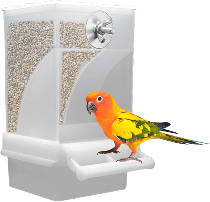 No Mess Automatic Bird Feeder, Acrylic Transparent Parrot Feeder Cage Accessories, Parrot Seed Food Feeder Container Cage Accessories for Small Medium Birds Parakeets Lovebirds (Semi Transparent)