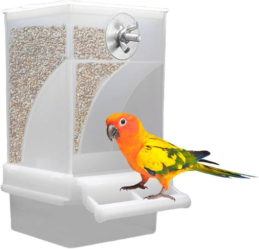 No Mess Automatic Bird Feeder, Acrylic Transparent Parrot Feeder Cage Accessories, Parrot Seed Food Feeder Container Cage Accessories for Small Medium Birds Parakeets Lovebirds (Semi Transparent)