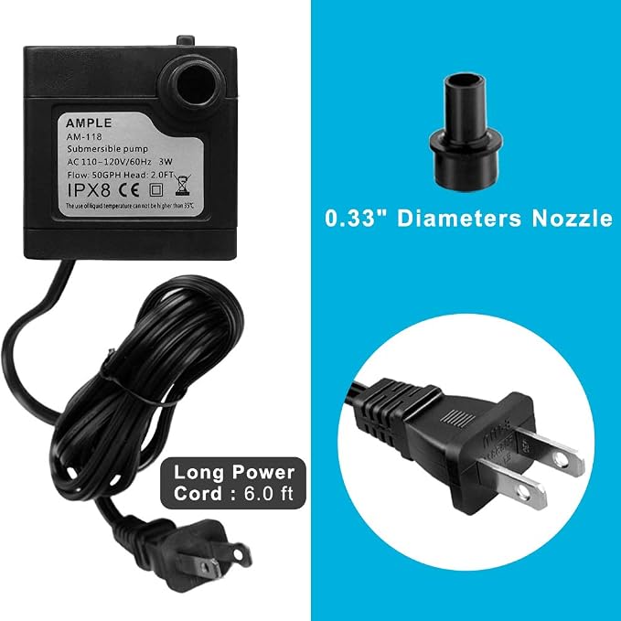 3W 50GPH Mini Submersible Water Pump, Small Fountain Pump for Pond, Aquariums, Fish Tank, Tabletop Fountain, Pet Fountain, Indoor or Outdoor Fountain (AC Powered)
