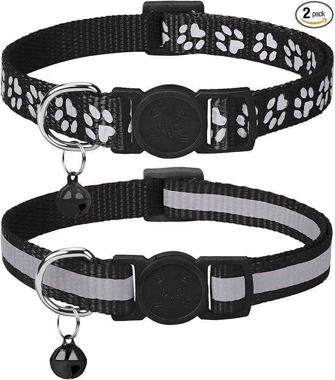 Taglory Reflective Cat Collar Breakaway with Bell, High Visibility Night Strip, Lightweight Adjustable Nylon Collar for Boy Girl Cats, 2 Pack, 7.5-12.5 Inch, Black
