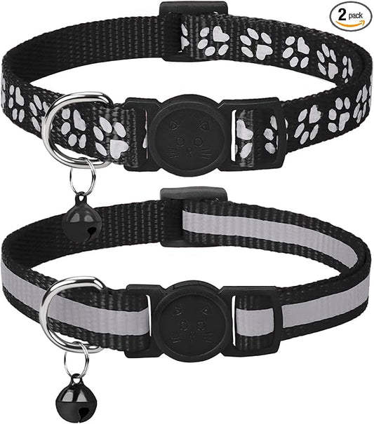 Taglory Kitten Collar Breakaway with Bell, Reflective Soft Cat Collar for Small Kittens, Adjustable 6-8 Inch High Visibility Night Strip, Lightweight for 2-6 Months Baby Cats, 2 Pack, Black