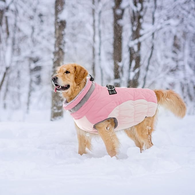 Lelepet Dog Coat Warm Dog Winter Coat Waterproof Dogs Jacket with Harness Built in Reflective Pet Fleece Vest Zip-Up Cold Weather Coats for Large Dogs Turtleneck & Windproof Coats Boxer Pink XL