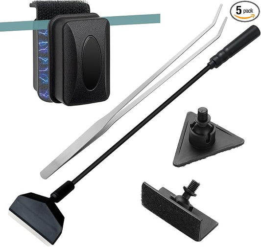 5PCS Small Fish Tank Cleaner Kit: 3-in-1 Algae Scraper with Blade & Sponge Brushes, Curved Aquarium Tweezers & 2" Magnetic Glass Cleaner for Nano Tanks up to 30cm/12 (10 Gallon & Under)