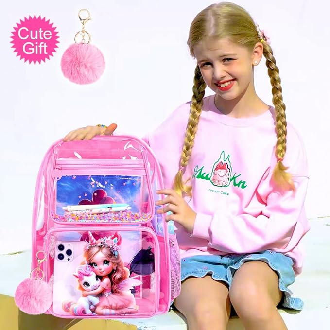 AGSDON 3PCS Unicorn Clear Backpack for Girls,16" Transparent Bookbag Heavy Duty, Cute See Through Backpacks with Lunch Bag - Pink