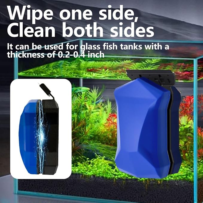 Magnetic Fish Tank Glass Cleaner, Dual-Blades Algae Scraper Glass Cleaner Scrubber with 2 Detachable Scrapers, Double Side Floating Magnetic Brush for 0.6-0.8 Inch Thick Glass Aquariums Tank, Size L