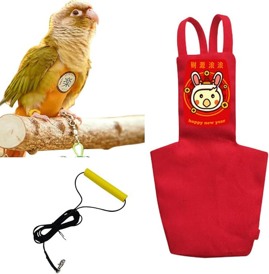 MANON ROSA Bird Diapers Leash Set Washable Reusable Handmade Flight Suit Waterproof Inner Layer - Protective Parrot Nappy Clothes Parakeets Macaws Budgies Canaries (Red1,Quaker Parakeet)