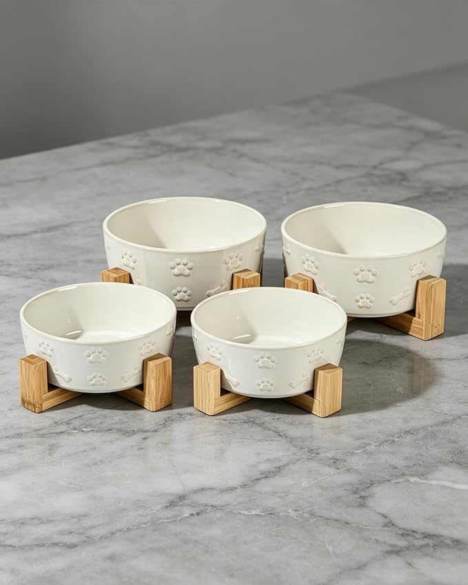 Ceramic Dog Bowls with Stand, 6.5 inch Dog Food Water Bowl Set for Medium Small Dogs Pet Dishes Set of 2, White with Cute Pattern