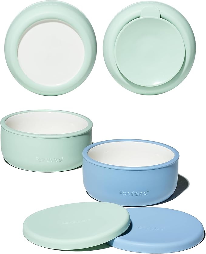 Pandaloo Porcelain Kids Bowls with Removable Silicone Sleeve & Lid – Strong Suction Base, Microwave & Dishwasher Safe, Toddler-Proof, Non-Slip Ceramic Feeding Bowls for Babies & Toddlers (Set of 2)