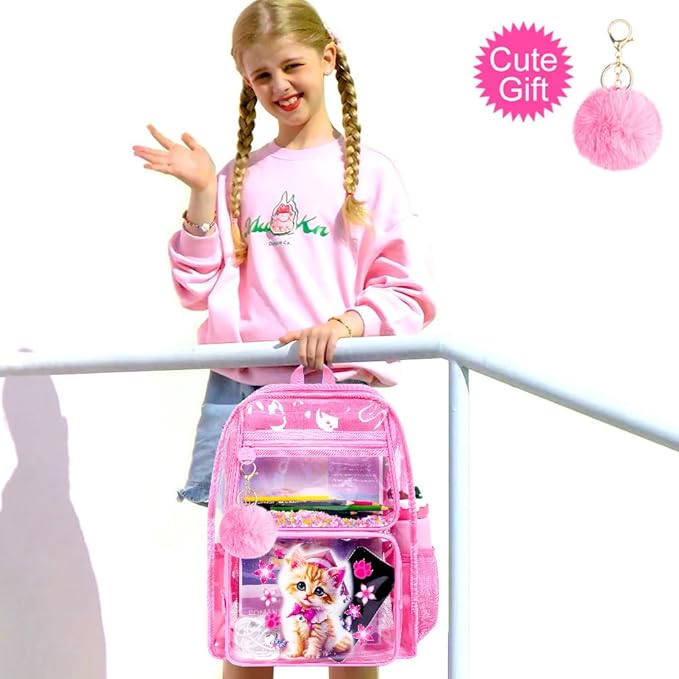 Clear Backpack for Girls and Boys, Kids Transparent Bookbag, 3PCS Cute See Through School Bag for Elementary Prechool