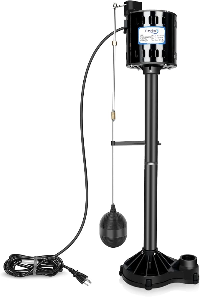 Pedestal Sump Pump Thermoplastic Pedestal Pump 1/3 HP 45GPM-Black | Vertical Float Switch, Stainless Steel Impeller, 10 Ft Cord Line, Fits in 12" Diameter Pit, Basement Flood Water Removel