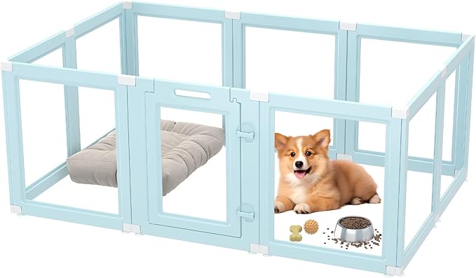 DIY Clear Acrylic Dog Playpen Indoor, Transparent Easy Cleansing Puppy Fence with Suction Cup, Easy-Assemble Indoor Whelping Crate for Small Puppies (23.6" H, 10PCS), Blue