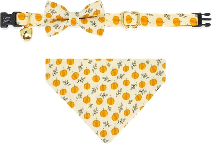 Ultra Joys Cat Collar - Breakaway with Bells, Bandana & Bowtie - Pumpkin Large