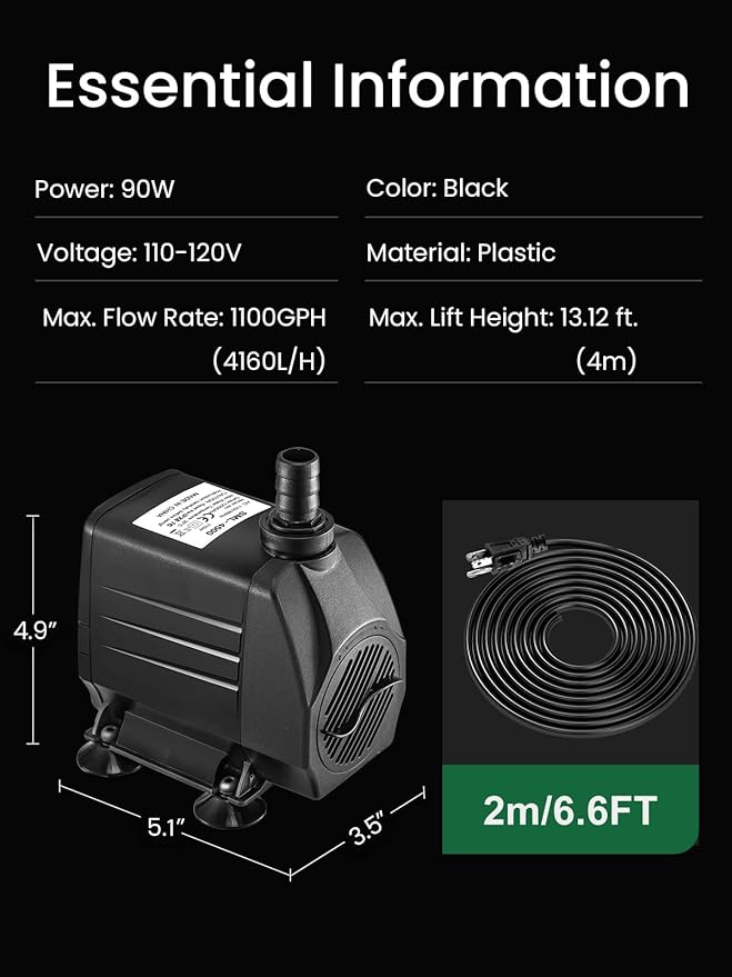 GROWNEER 1100GPH Submersible Pump 90W Fountain Water Pump 4100L/H, with 13ft High Lift, 4 Nozzles for Aquarium, Fish Tank, Pond, Hydroponics, Statuary, Garden, Black(1100GPH)