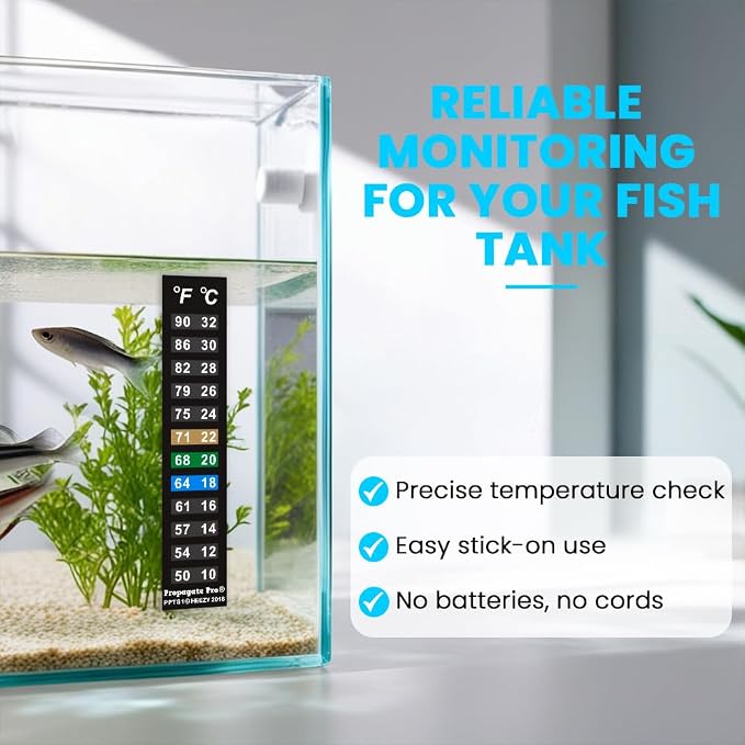Stick On Thermometer Strip, 50-90F, 10-32C, Vertical, 10-Pack | For Fish Tanks, Aquarium Thermometer, Kombucha, Beer and Wine Fermentation, Vertical Temp Strips, Color-Changing Display
