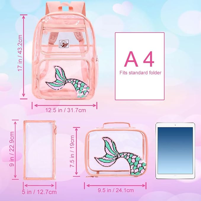 Clear Backpack for Girls and Boys, Kids Transparent Bookbag, 3PCS Cute See Through School Bag for Elementary Prechool