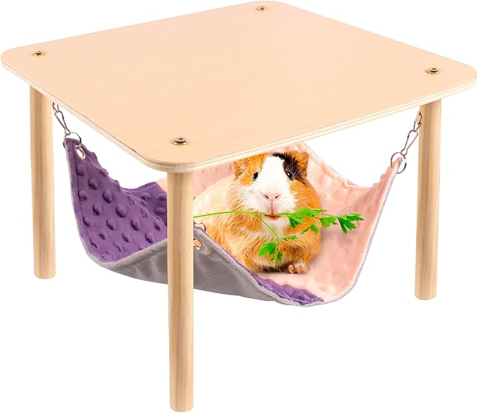 BESNEW Enlarged Guinea Pig Hammock with Wooden Stand,Small Animal Hanging Bed Large Platform for Guinea Pigs Bunny Ferret Hamster Hiding Sleeping 13L x 13W x 11H in
