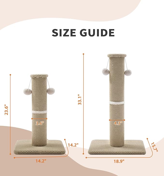 Made4Pets Tall Cat Scratching Post, 33" Modern Cat Scratcher with Hanging Balls, Heavy Duty and Thicker Scratching Post for Indoor Cats Adults, Sturdy Base Cat Scratch Post, Beige