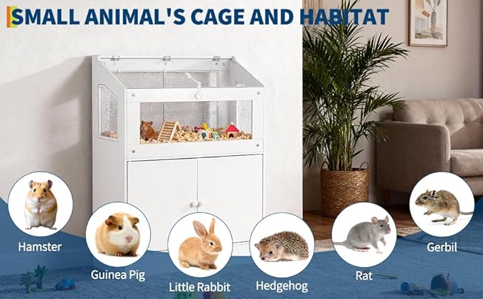 Hamster Cage with Storage Cabinet, Small Animal Cage with Acrylic Viewing Window & Ventilated Mesh, Large Pet Habitat Enclosure for Guinea Pig, Mice, Gerbils, Hedgehogs, Rats, Rabbit