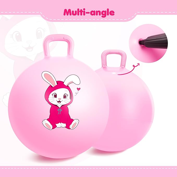 Hopper Ball, Pink Bunny Hopping Toys for Kids, 18 Inch Bouncy Ball with Handle, Indoor Outdoor Inflatable Hoppity Hop Toys for Girls Boys Gift with Pump