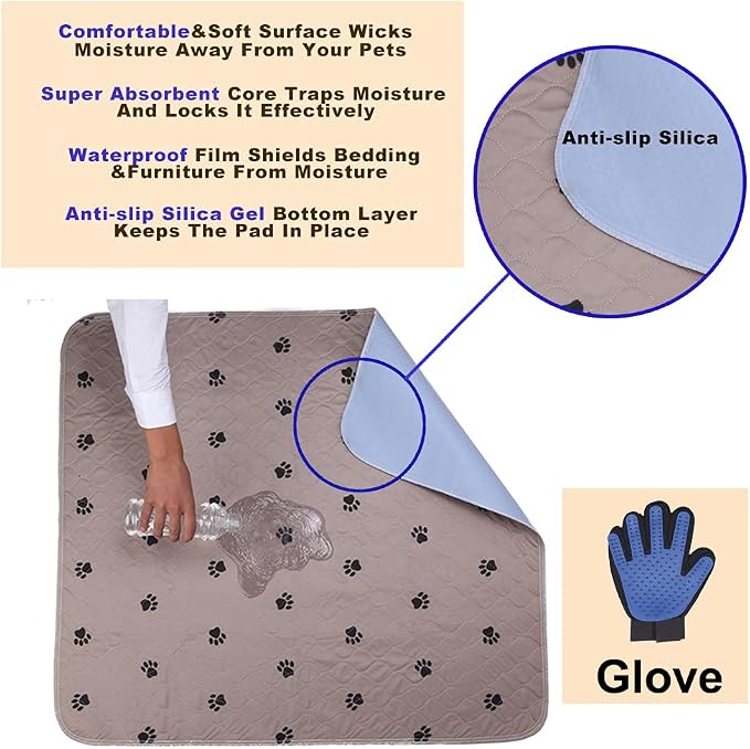 SincoPet Washable Dog Pee Pads with Puppy Grooming Gloves,Puppy Pads,Reusable Pet Training Pads,Large ,Waterproof Pet Pads for Dog Bed Mat,Super Absorbing Whelping Pads,48x48 Inch (Pack of 2)