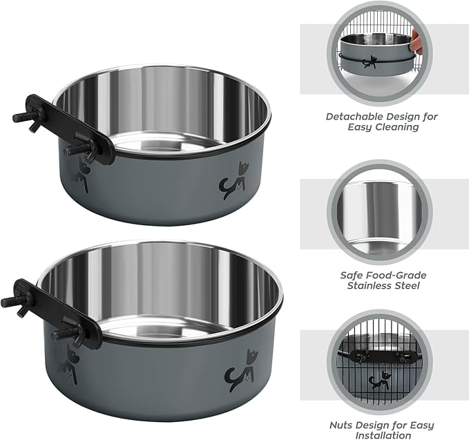 Dog Crate Bowls Hanging No Spill, Set of 2 Dog Crate Water Bowl, Kennel Bowls Mountable, Stainless Steel Pet Cage Accessories Feeder Water Food Dish Coop Cup for Cat Puppy Bunny Guinea Pig Ferret
