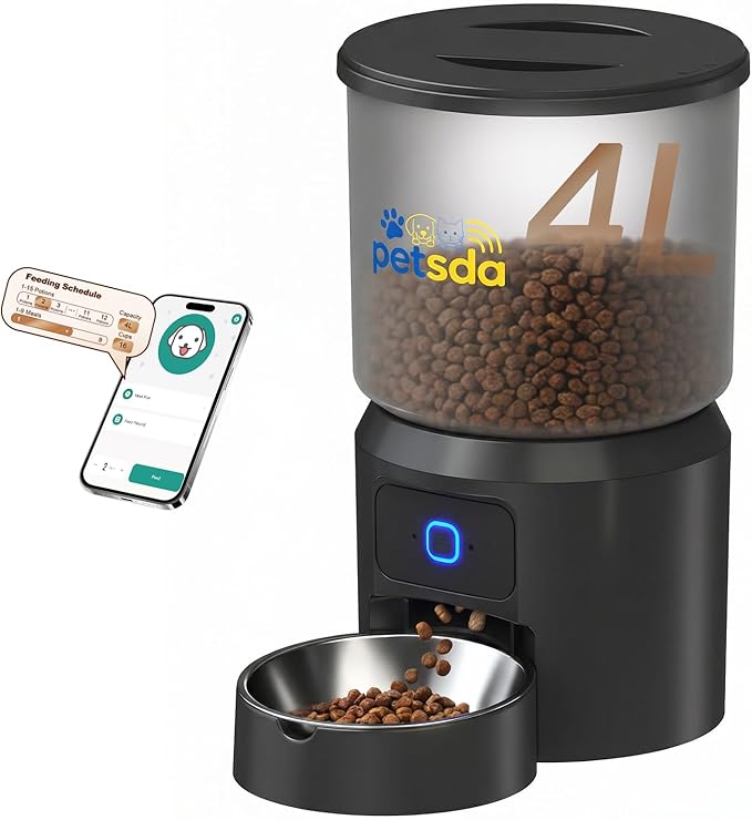 Automatic Cat Feeders 4L Timed Dry Food Dispenser WiFi 10 Meals Programmable 1-12 Portion Per Day with APP Control Dual Power Supply with Stainless Bowl for Multi-Pet Easy Clean