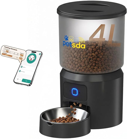 Automatic Cat Feeders 4L Timed Dry Food Dispenser WiFi 10 Meals Programmable 1-12 Portion Per Day with APP Control Dual Power Supply with Stainless Bowl for Multi-Pet Easy Clean