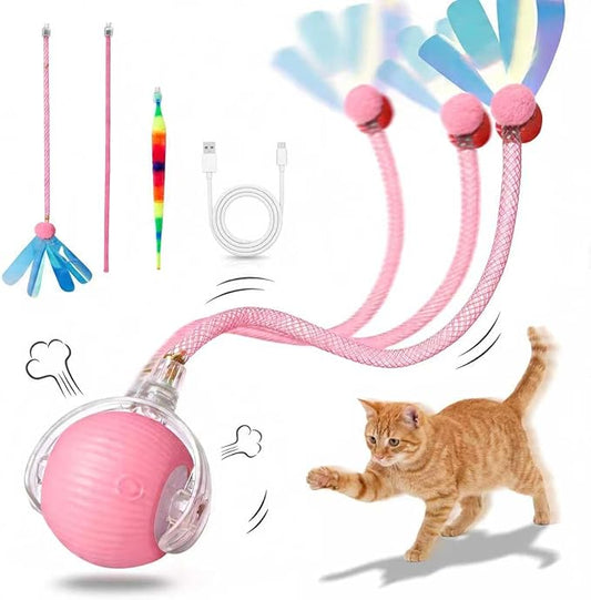 Rechargeable Smart Rolling Cat Ball, Automatic Interactive Cat Toy with 3 Modes, LED Light & 3 Replaceable Accessories, Indoor Cat Exercise Toy for Kittens & Adult Cats, for Boredom Relief Pink