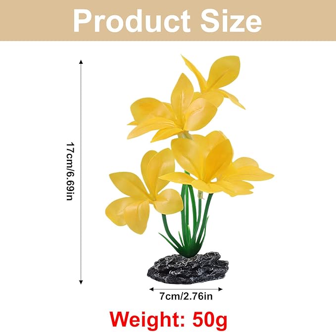 Aquarium Plants Fish Tank Decorations 6.69 Inch Artificial Plastic Plants with Weighted Base, Soft Silk Leaves Realistic Design for Betta Fish Reptile Tank Habitat Decor (Yellow Type-A)