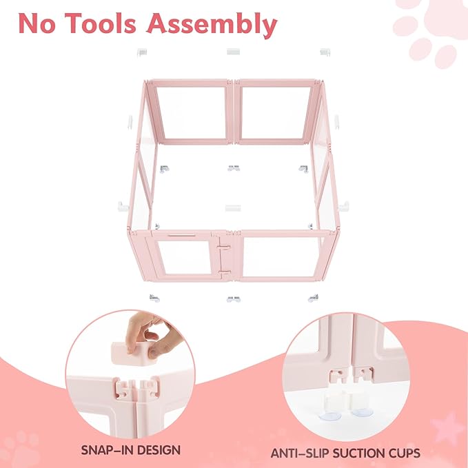 DIY Clear Acrylic Dog Playpen Indoor, Transparent Easy Cleansing Puppy Fence with Suction Cup, Easy-Assemble Indoor Whelping Crate for Small Puppies (23.6" H, 8PCS), Pink