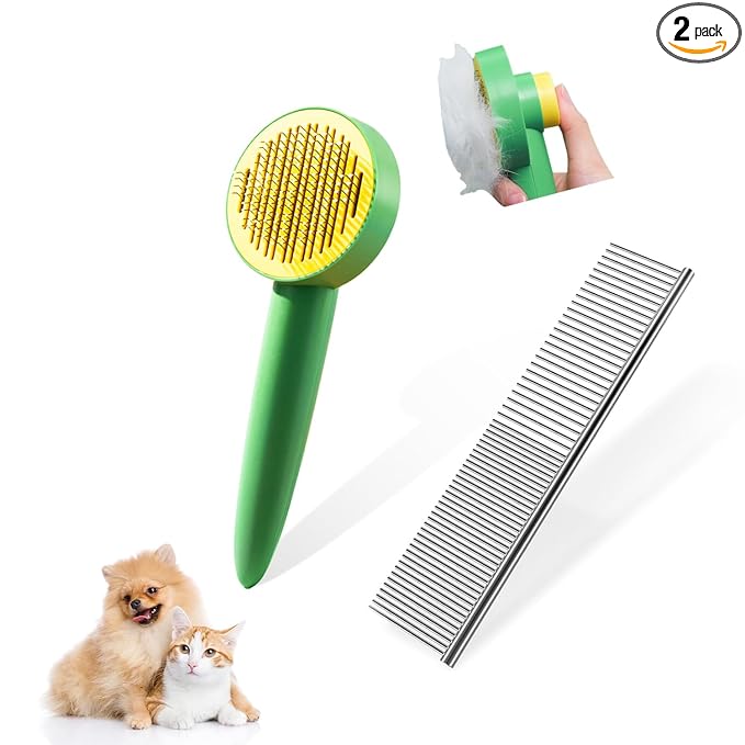 Dog & Cat Brush,Pet Grooming Kit 2PCS- Cat Brush for Shedding| Pet Metal Comb. Self-Cleaning Slicker Brush for Short and Long Hair. Removes Undercoat, Loose Hair, Tangled, Dirt and Massages.