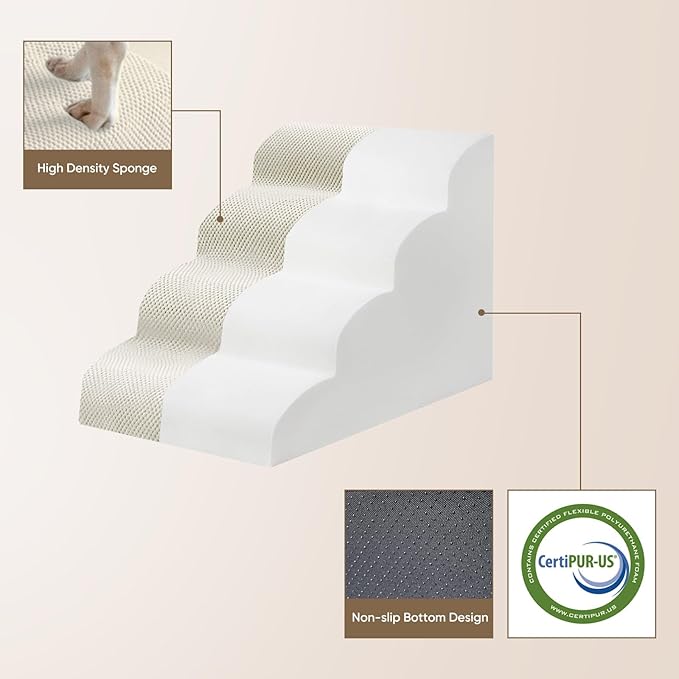 PAWSCRAT Pet Stairs for Dogs 3-Step, 15.7" H Pet Stairs for High Bed, Couch Sofa & Chair, 30D Material Soft Foam Dog Steps with Non-Slip Bottom Surface Removable Washable Cover, Beige