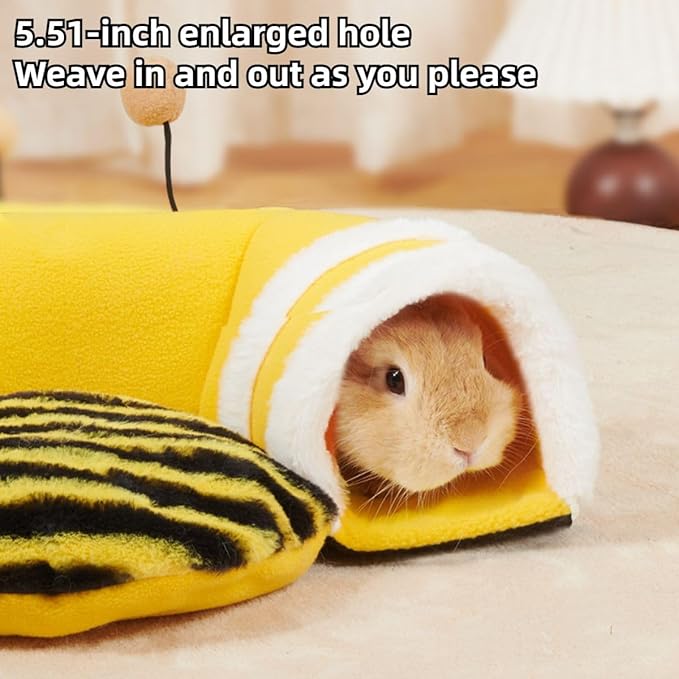 Warm Rabbit Hideout Tunnel Bed, Cute Bee Shape, Soft Removable Guinea Pig Tunnels and Tubes for Cage, Sturdy Small Animal Tunnel for Rat, Hamster Hedgehog, Chinchilla