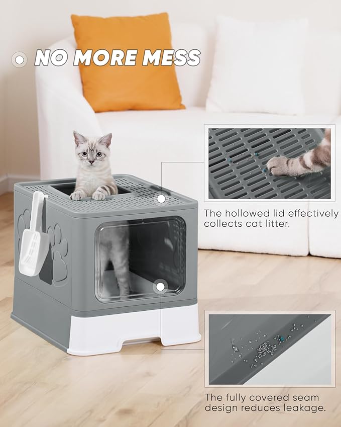 Covered Litter Box, Large Litter Box for Big Cats, Enclosed Cat Litter Boxes with Lid, Top Entry Kitty Litter Box with Scoop, Odor Control, Easy to Clean (Grey)