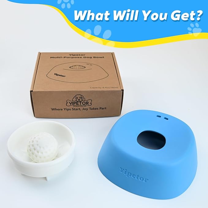 Yipetor Slow Feeder Dog Bowls for Liquid Treat, 【Entertained Ball-in】 Bone Broth Dog Lick Bowl, 3/4 Cup Yogurt Pup Lick Toy for Large Medium Small Breeds Dietary Supplement/Post-op Nutrition