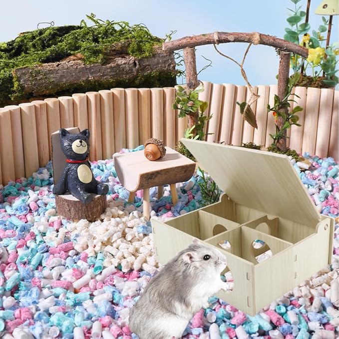 Amonk Multi-Chamber Hamster House 7x8.6x3in Wooden Secret Peep Shed and Explore Hideout Flip Cover Design Hamster Play Tunnel for Gerbils Mice Lemming and Small Animals