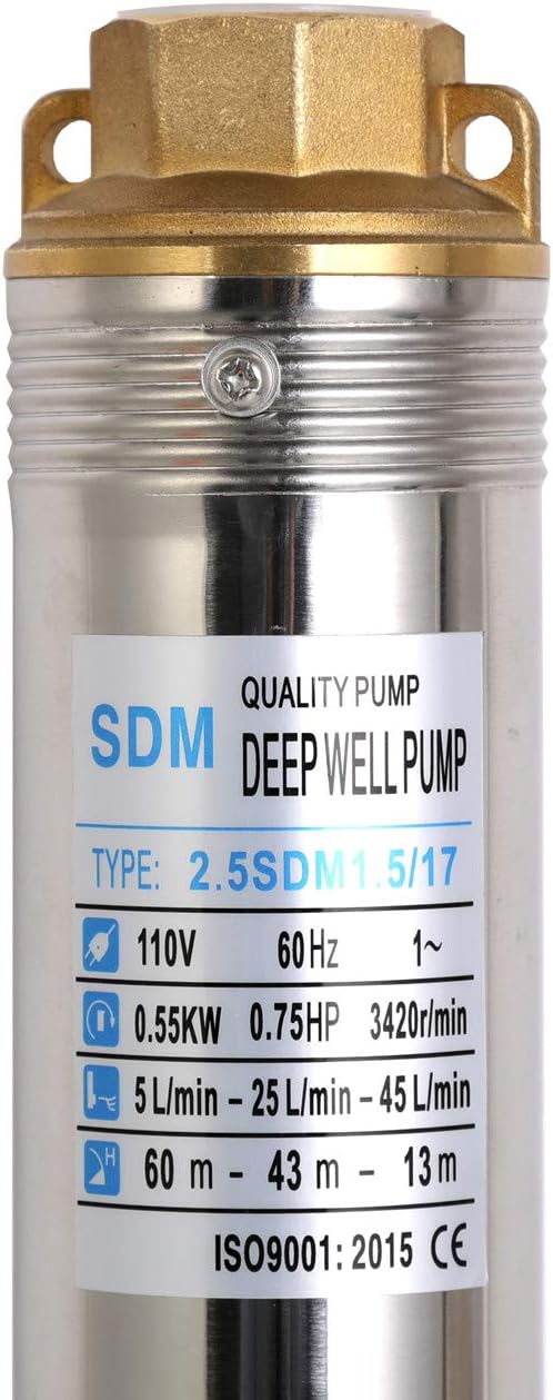 Submersible Pumps 2.5" OD Pipe 110V/60HZ 0.55KW 0.75HP Stainless Steel 1" Outlet Submersible Bore Pump Deep Well Pump with Control Box for Farm Irrigation