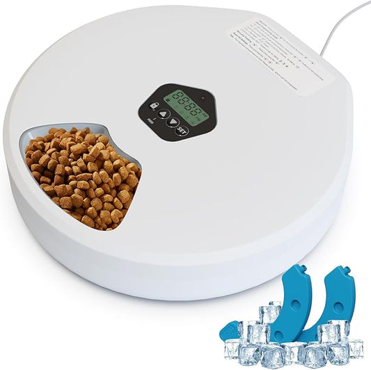 Automatic Wet Food Cat Feeder, Auto Timed Wet Cat Food Dispenser, 5 Meal Timed Programmable Pet Feeder with 2 Ice Packs for Kitten and Small Dog Food Dispenser, Dual Power & Easy to Clean
