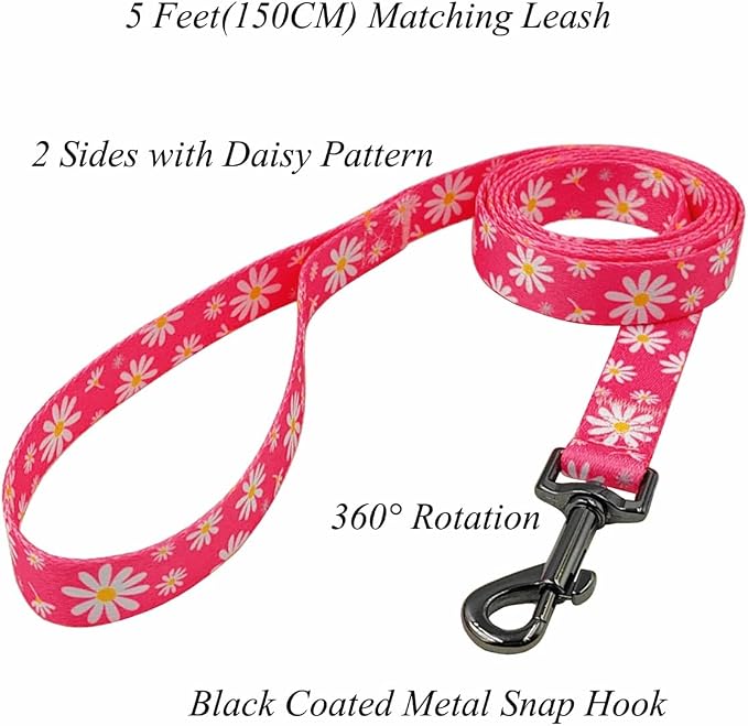 Dog Collar Leash Set, Floral Pattern, Polyester Material, Adjustable Collar and 5ft Matching Leash, for Puppy Dogs.(XS, Pink Daisy)