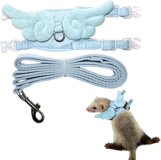 Ferret Harness and Leash with Adjustable Buckle for Small Pets, Soft Breathable Walking Vest with Angel Wings for Guinea Pig, Bunny, Rabbit, Kitten, Chinchilla (Blue)