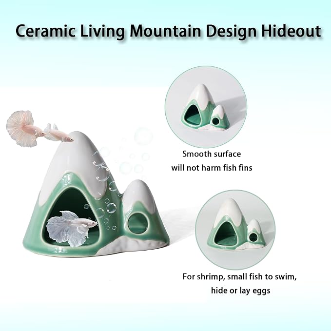 Cute Green Aquarium Decor Ceramic Mountain Betta Fish Tank Cave | Smooth-Surface Safe for Fish Hiding & Breeding, Easy-Clean, No Assembly, for Play & Rest,Fits 3.5-5 Gallon Fish Tanks